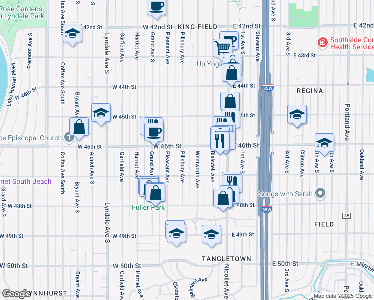 map of restaurants, bars, coffee shops, grocery stores, and more near 4614 Pillsbury Avenue in Minneapolis