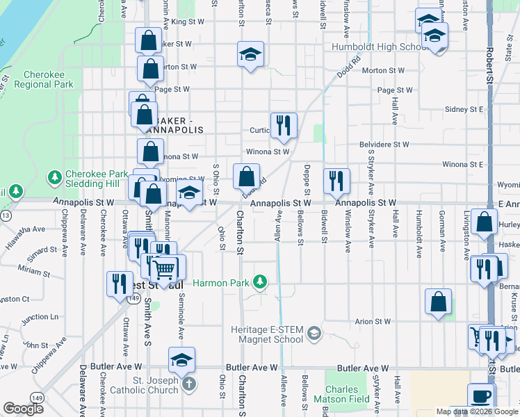 map of restaurants, bars, coffee shops, grocery stores, and more near 229 Hurley Street West in Saint Paul