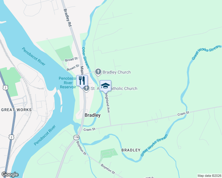map of restaurants, bars, coffee shops, grocery stores, and more near 55 Highland Street in Bradley