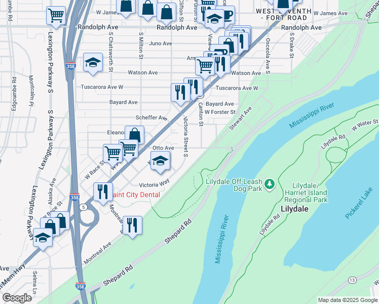 map of restaurants, bars, coffee shops, grocery stores, and more near 740 Victoria Street South in Saint Paul