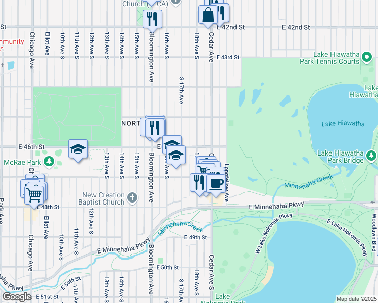 map of restaurants, bars, coffee shops, grocery stores, and more near 4618 18th Avenue South in Minneapolis