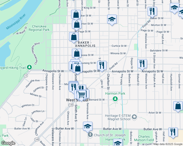 map of restaurants, bars, coffee shops, grocery stores, and more near 330 West Annapolis Street in West Saint Paul