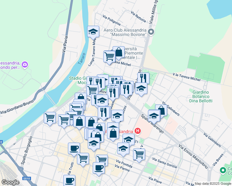 map of restaurants, bars, coffee shops, grocery stores, and more near 30 Spalto Marengo in Alessandria