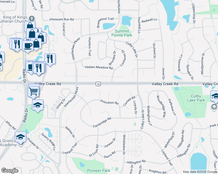 map of restaurants, bars, coffee shops, grocery stores, and more near 9076 Princeton Circle in Woodbury