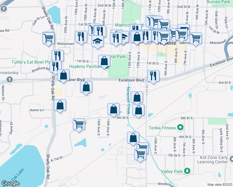 map of restaurants, bars, coffee shops, grocery stores, and more near 10921 Excelsior Boulevard in Hopkins