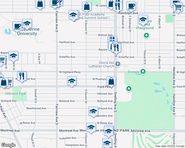 map of restaurants, bars, coffee shops, grocery stores, and more near 1671 West Pinehurst Avenue in Saint Paul