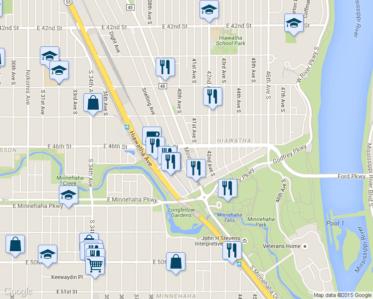 map of restaurants, bars, coffee shops, grocery stores, and more near 4623 Minnehaha Ave in Minneapolis
