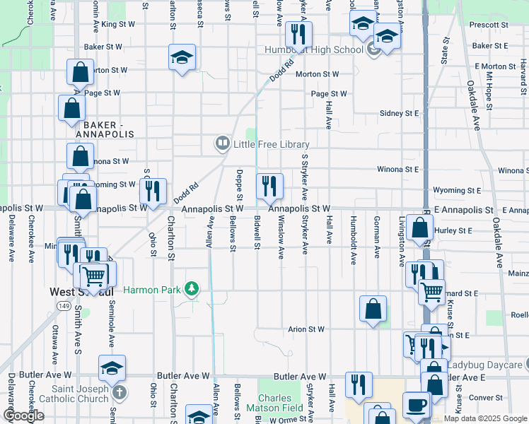 map of restaurants, bars, coffee shops, grocery stores, and more near 897 Winslow Avenue in West Saint Paul