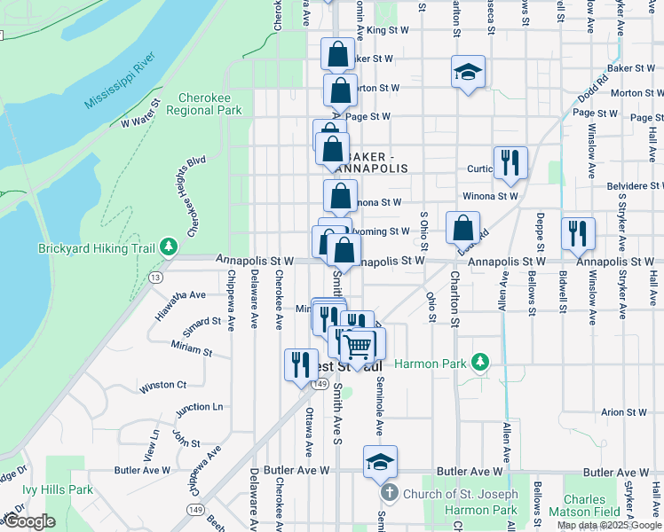 map of restaurants, bars, coffee shops, grocery stores, and more near 897 Minnesota 149 in West Saint Paul