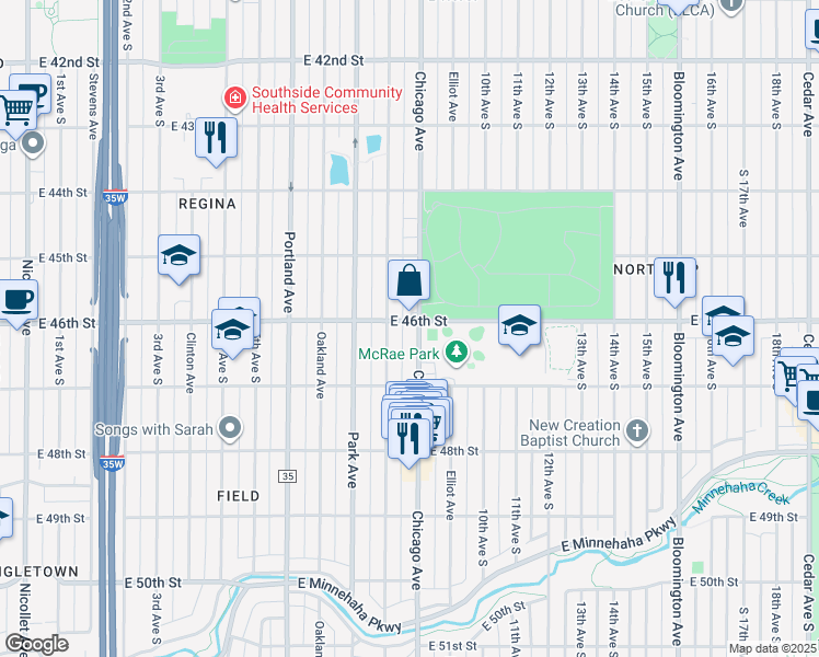 map of restaurants, bars, coffee shops, grocery stores, and more near in Minneapolis
