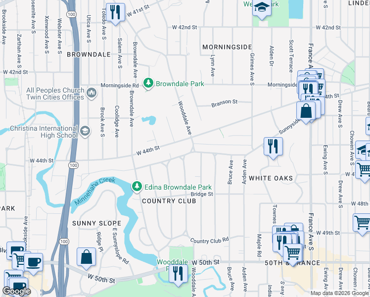 map of restaurants, bars, coffee shops, grocery stores, and more near 4402 Sunnyside Road in Minneapolis