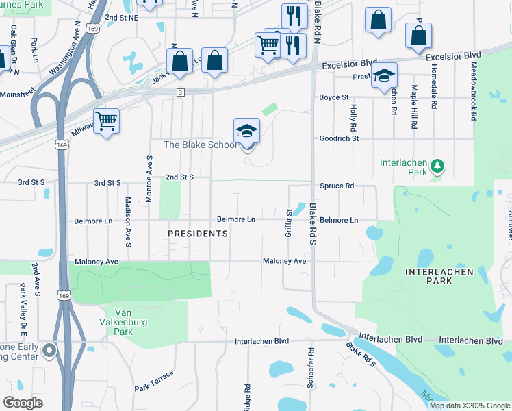 map of restaurants, bars, coffee shops, grocery stores, and more near 6520 Belmore Lane in Hopkins