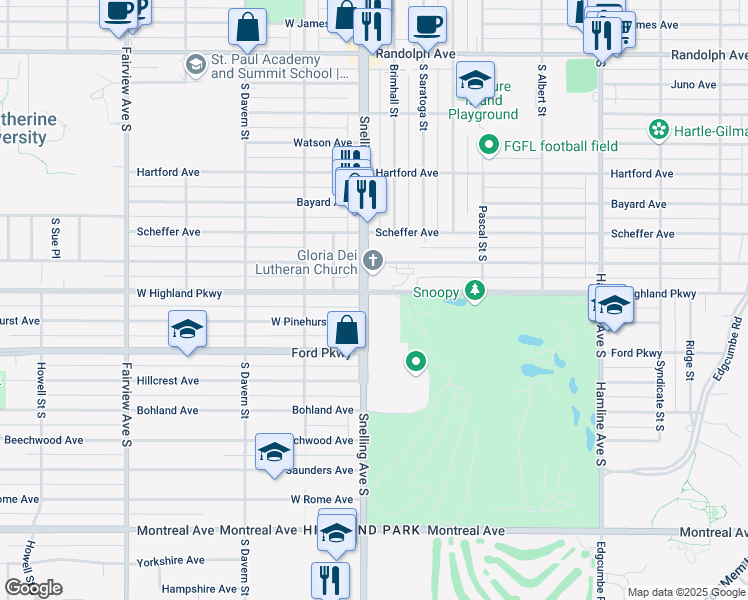 map of restaurants, bars, coffee shops, grocery stores, and more near 1570 West Highland Parkway in Saint Paul