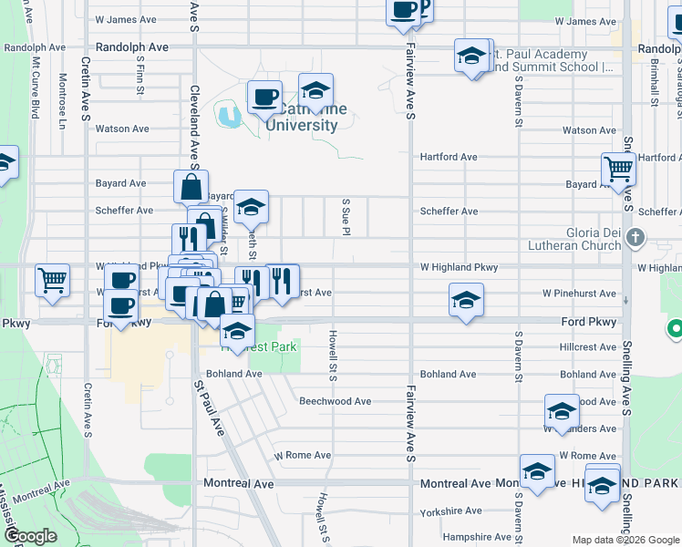 map of restaurants, bars, coffee shops, grocery stores, and more near 1889 West Pinehurst Avenue in Saint Paul