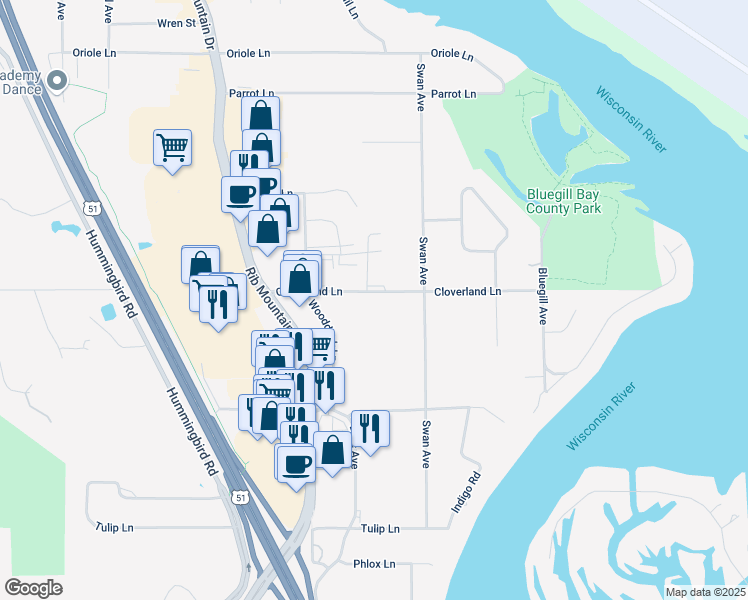 map of restaurants, bars, coffee shops, grocery stores, and more near 152605 Cloverland Lane in Wausau