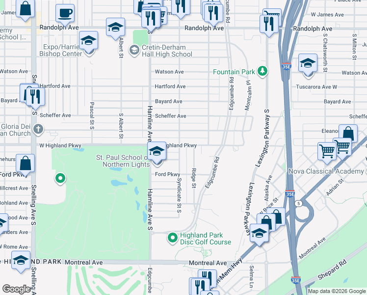 map of restaurants, bars, coffee shops, grocery stores, and more near 1283 West Pinehurst Avenue in Saint Paul