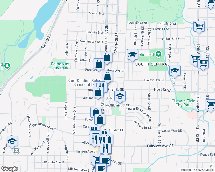 map of restaurants, bars, coffee shops, grocery stores, and more near 340 Hoyt Street Southeast in Salem