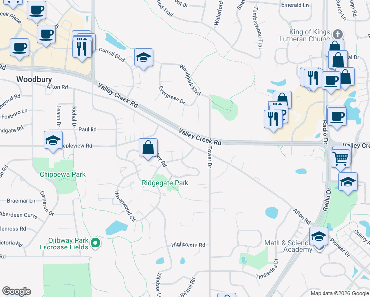 map of restaurants, bars, coffee shops, grocery stores, and more near 7887 Rimbley Road in Woodbury