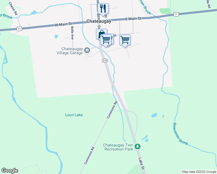 map of restaurants, bars, coffee shops, grocery stores, and more near 7393 State Highway 374 in Chateaugay