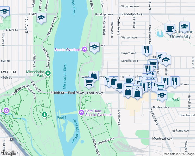 map of restaurants, bars, coffee shops, grocery stores, and more near 2277 Ford Parkway in Saint Paul
