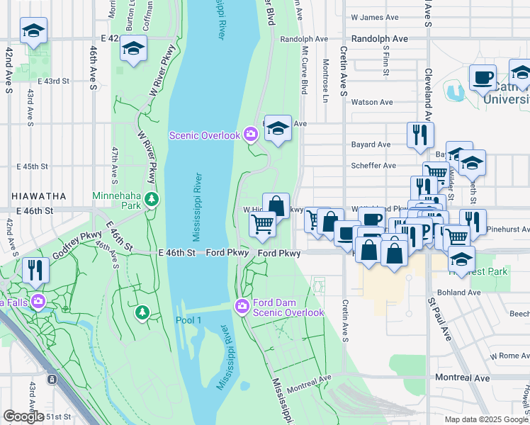 map of restaurants, bars, coffee shops, grocery stores, and more near 750 Mississippi River Boulevard in Saint Paul