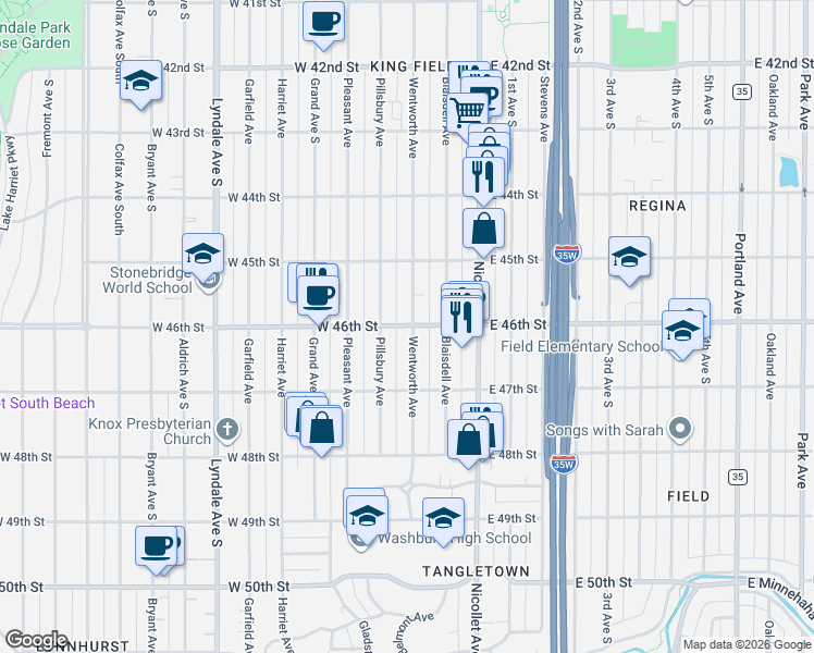 map of restaurants, bars, coffee shops, grocery stores, and more near 4615 Wentworth Avenue in Minneapolis