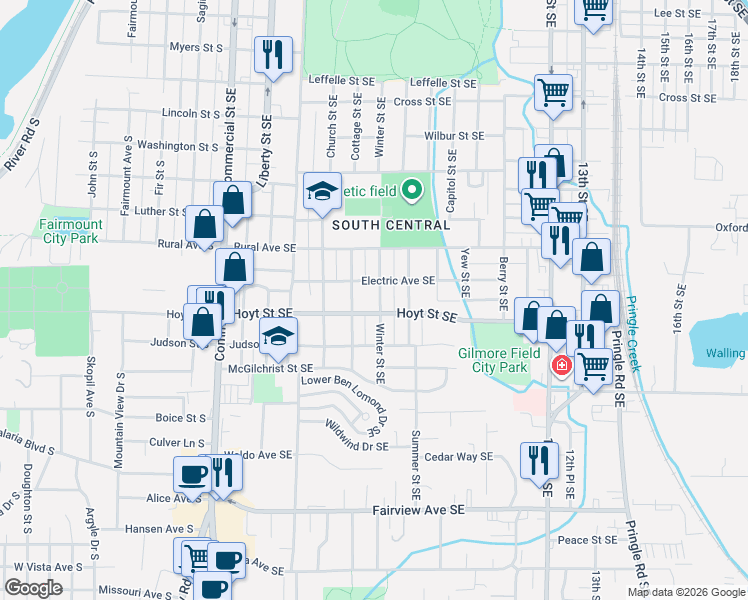 map of restaurants, bars, coffee shops, grocery stores, and more near 840 Hoyt Street Southeast in Salem