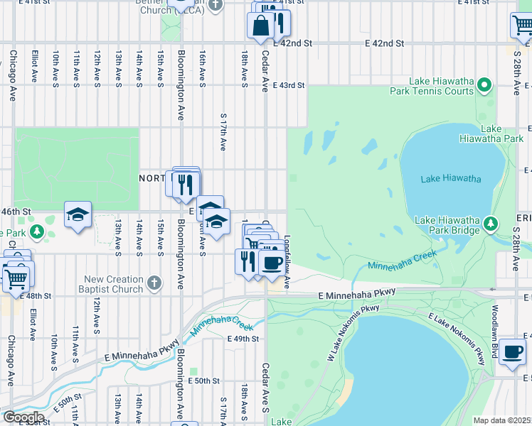 map of restaurants, bars, coffee shops, grocery stores, and more near Cedar Avenue & East 46th Street in Minneapolis