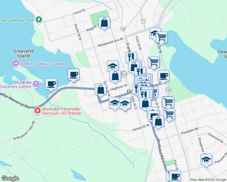 map of restaurants, bars, coffee shops, grocery stores, and more near 255 Hughson Street in Gravenhurst