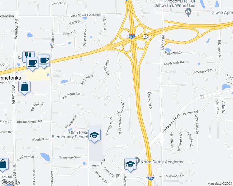 map of restaurants, bars, coffee shops, grocery stores, and more near 4620 Gaywood Drive in Minnetonka