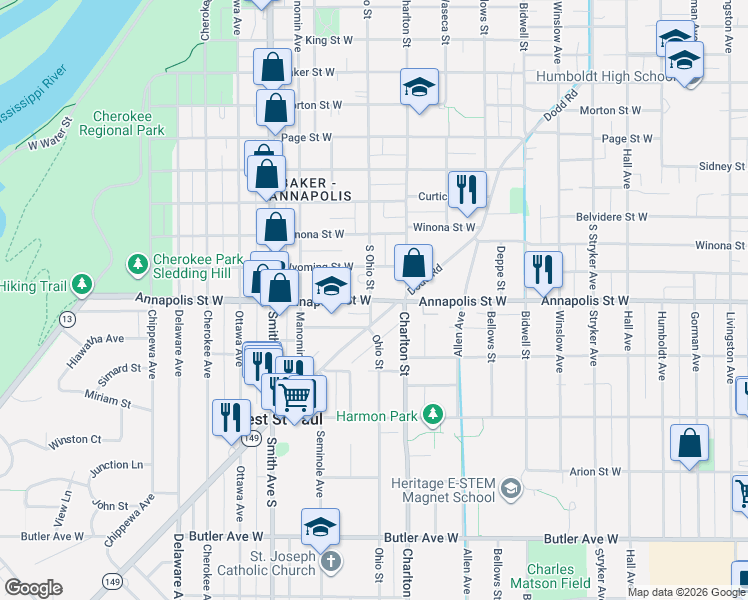 map of restaurants, bars, coffee shops, grocery stores, and more near 902 Dodd Road in Saint Paul