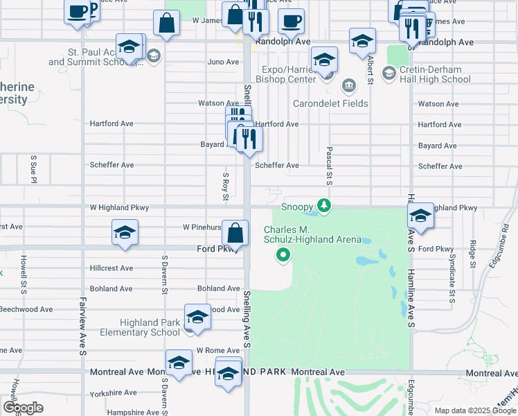 map of restaurants, bars, coffee shops, grocery stores, and more near 1570 West Highland Parkway in Saint Paul