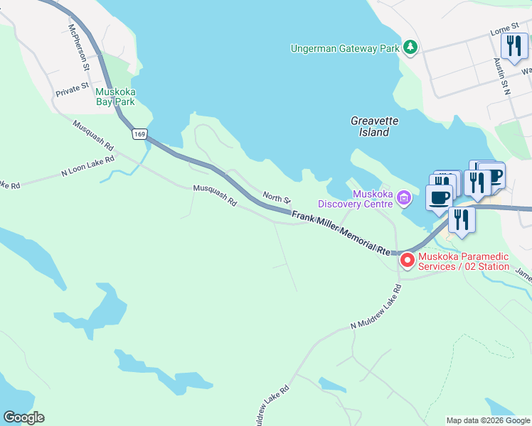 map of restaurants, bars, coffee shops, grocery stores, and more near 199 Musquash Road in Gravenhurst
