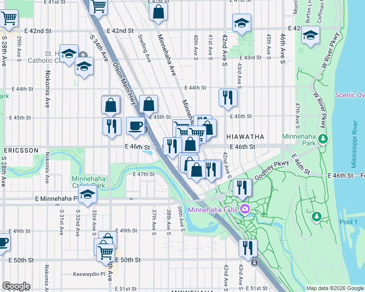 map of restaurants, bars, coffee shops, grocery stores, and more near 4621 Snelling Avenue in Minneapolis