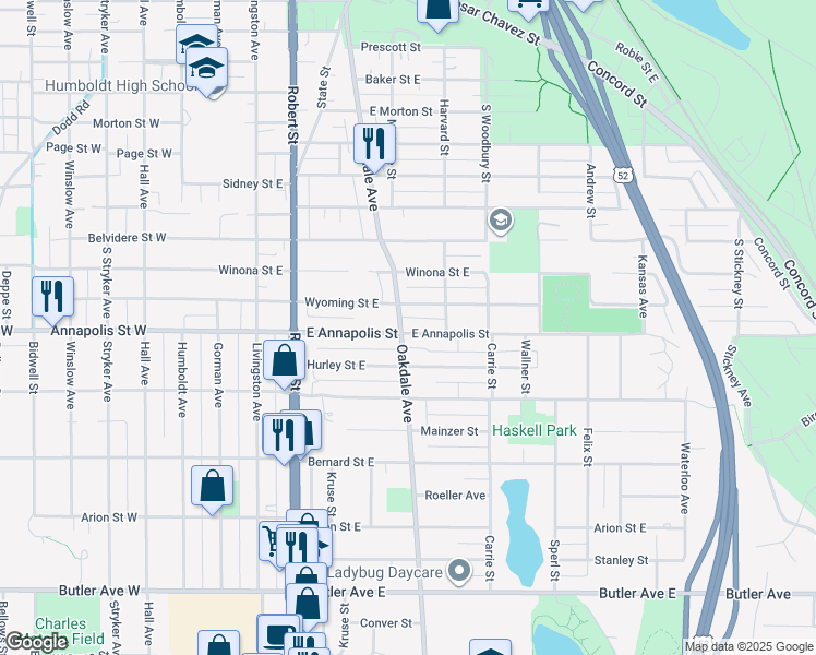 map of restaurants, bars, coffee shops, grocery stores, and more near 205 Wyoming Street East in Saint Paul