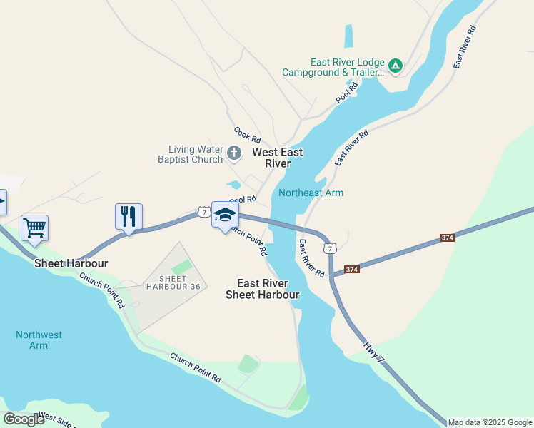 map of restaurants, bars, coffee shops, grocery stores, and more near 22 Hogg Lane in Sheet Harbour