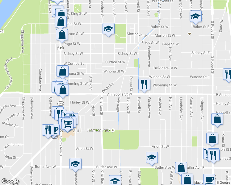 map of restaurants, bars, coffee shops, grocery stores, and more near 848 Dodd Road in Saint Paul