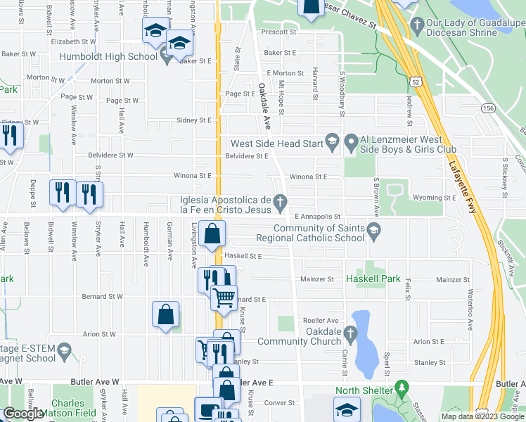 map of restaurants, bars, coffee shops, grocery stores, and more near 171 Annapolis Street East in Saint Paul