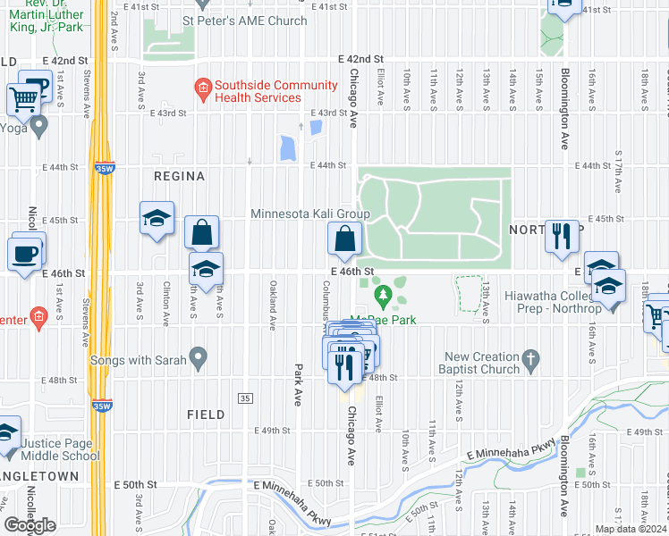 map of restaurants, bars, coffee shops, grocery stores, and more near 4557 Columbus Avenue in Minneapolis