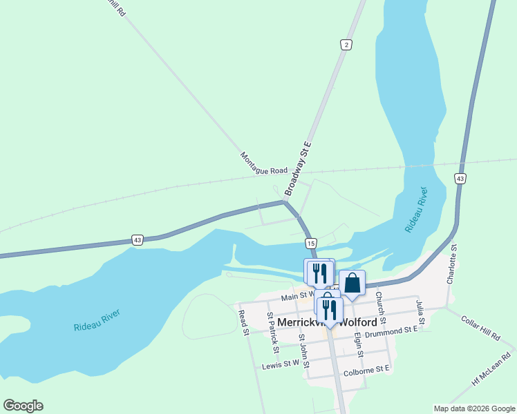 map of restaurants, bars, coffee shops, grocery stores, and more near 336 Broadway Street West in Merrickville