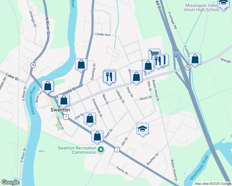 map of restaurants, bars, coffee shops, grocery stores, and more near 77 1st Street in Swanton
