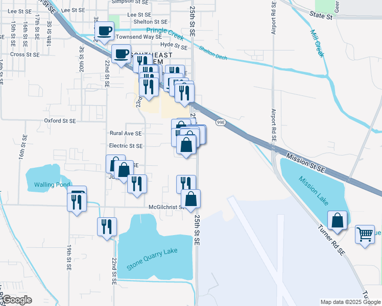 map of restaurants, bars, coffee shops, grocery stores, and more near 1869 25th St SE in Salem