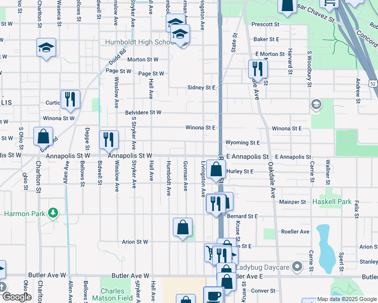 map of restaurants, bars, coffee shops, grocery stores, and more near 37 Annapolis Street East in Saint Paul