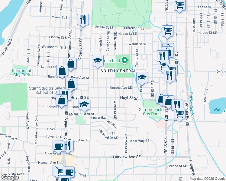 map of restaurants, bars, coffee shops, grocery stores, and more near 2086 Cottage Street Southeast in Salem