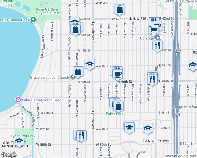 map of restaurants, bars, coffee shops, grocery stores, and more near 4525 Lyndale Avenue South in Minneapolis
