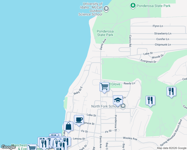 map of restaurants, bars, coffee shops, grocery stores, and more near 1634 Davis Avenue in McCall
