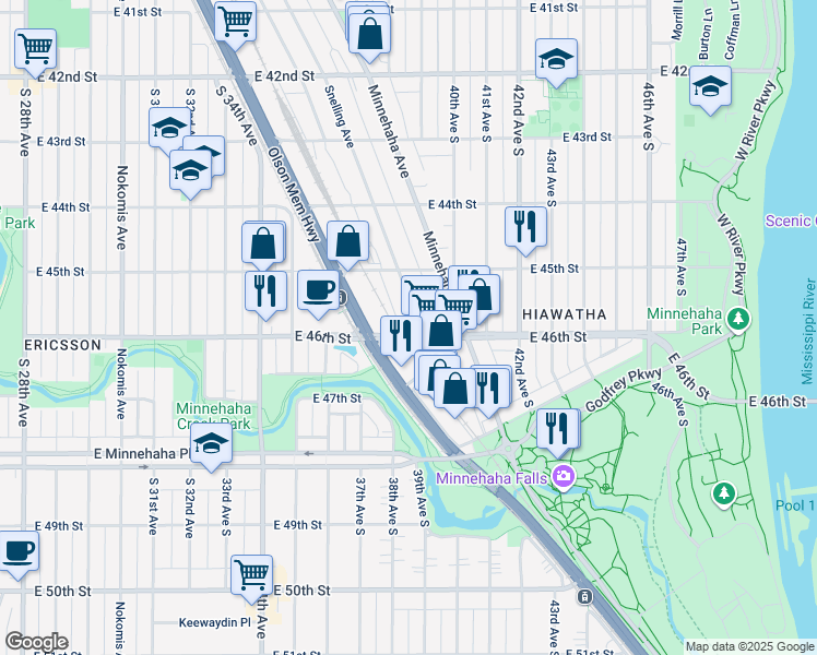 map of restaurants, bars, coffee shops, grocery stores, and more near 4540 Snelling Avenue in Minneapolis