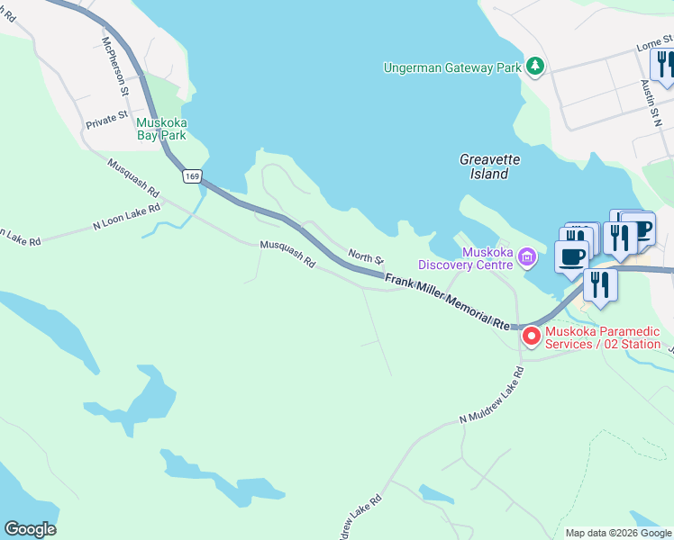 map of restaurants, bars, coffee shops, grocery stores, and more near 190 North Street in Gravenhurst