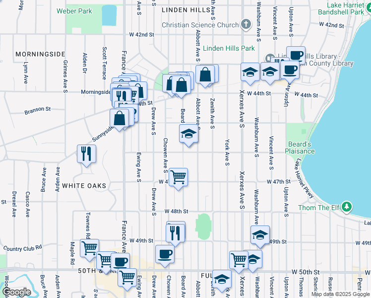 map of restaurants, bars, coffee shops, grocery stores, and more near 4528 Beard Avenue South in Minneapolis