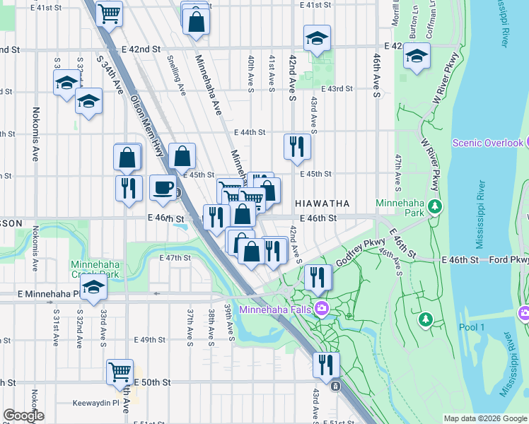 map of restaurants, bars, coffee shops, grocery stores, and more near 4561 Minnehaha Avenue in Minneapolis